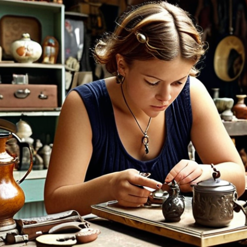 **A designer browsing a flea market:** Focus on the designer's expression as they examine vintage items, with a background showing various old objects and antiques. Aim for a sense of discovery and inspiration.