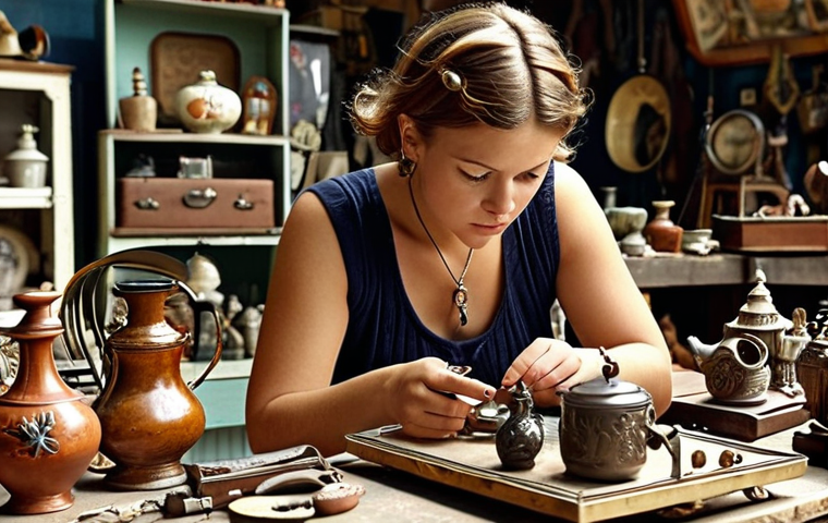 **A designer browsing a flea market:** Focus on the designer's expression as they examine vintage items, with a background showing various old objects and antiques. Aim for a sense of discovery and inspiration.
