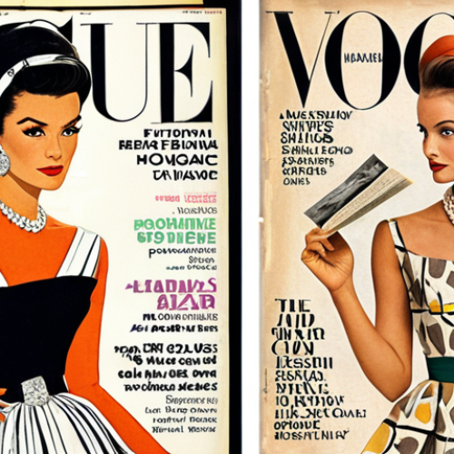 **Vintage Vogue cover recreation:** A modern fashion designer intensely studies old Vogue and Harper's Bazaar magazines, surrounded by sketches and fabric swatches. Focus on capturing the textures of vintage paper and the inspiration drawn from classic designs. Emphasize the color palette and composition of a mid-century fashion magazine.