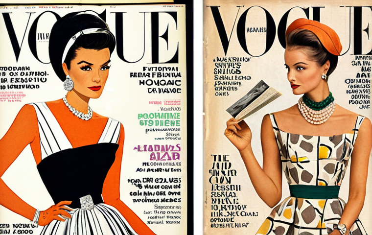**Vintage Vogue cover recreation:** A modern fashion designer intensely studies old Vogue and Harper's Bazaar magazines, surrounded by sketches and fabric swatches. Focus on capturing the textures of vintage paper and the inspiration drawn from classic designs. Emphasize the color palette and composition of a mid-century fashion magazine.