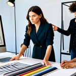 A diverse team of professional fashion designers, pattern makers, and strategists collaborating intensely in a bright, modern studio. One team member gestures towards a large interactive screen displaying a detailed 3D garment design, while others examine fabric swatches and sketchbooks spread across a clean, spacious table. The atmosphere is vibrant and focused on creative problem-solving. All subjects are fully clothed in contemporary, professional attire, displaying perfect anatomy, correct proportions, and natural poses. Well-formed hands and proper finger count are visible. This image should have high quality, professional photography, be safe for work, appropriate content, fully clothed, and professional.