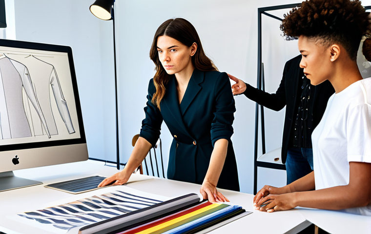 A diverse team of professional fashion designers, pattern makers, and strategists collaborating intensely in a bright, modern studio. One team member gestures towards a large interactive screen displaying a detailed 3D garment design, while others examine fabric swatches and sketchbooks spread across a clean, spacious table. The atmosphere is vibrant and focused on creative problem-solving. All subjects are fully clothed in contemporary, professional attire, displaying perfect anatomy, correct proportions, and natural poses. Well-formed hands and proper finger count are visible. This image should have high quality, professional photography, be safe for work, appropriate content, fully clothed, and professional.