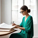 패션디자인 직무별 업무 차이 - **A highly inspired fashion designer** in her late 20s, with a chic, artistic bob haircut, sits amid...