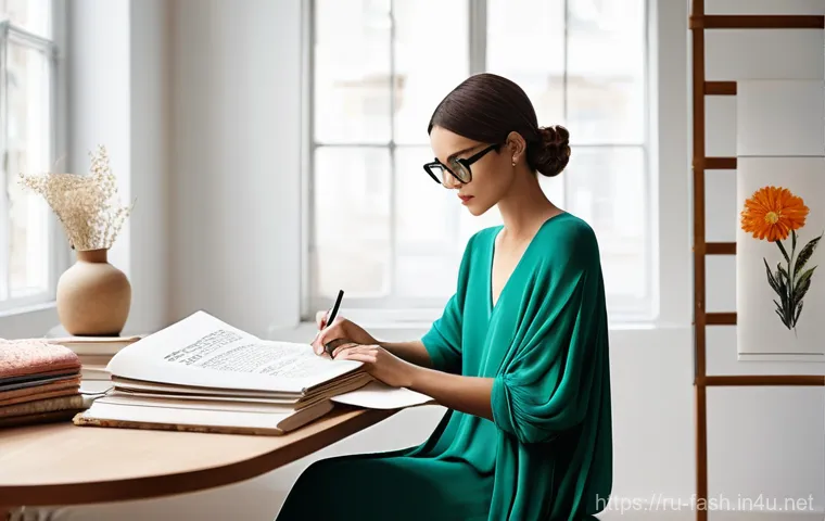 패션디자인 직무별 업무 차이 - **A highly inspired fashion designer** in her late 20s, with a chic, artistic bob haircut, sits amid...