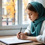 패션디자인 창작 과정 공유 - **Prompt**: A young, contemporary Russian female fashion designer, dressed in a stylish yet modest l...