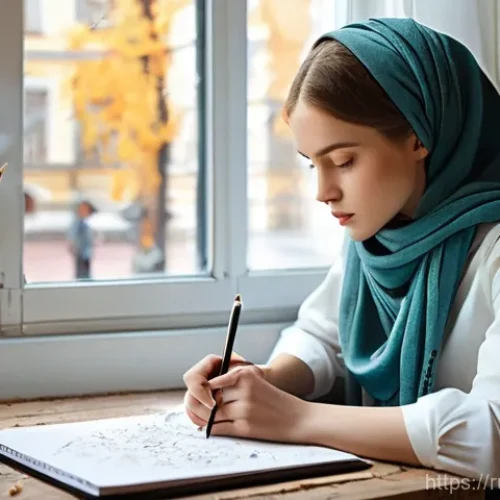 패션디자인 창작 과정 공유 - **Prompt**: A young, contemporary Russian female fashion designer, dressed in a stylish yet modest l...