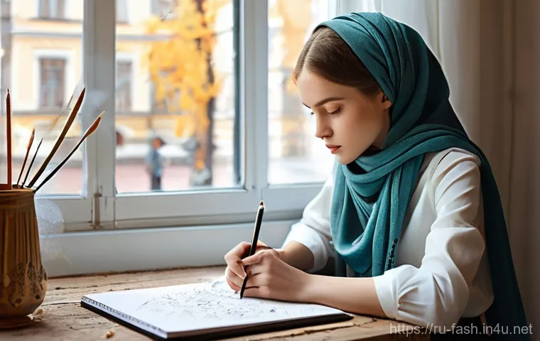 패션디자인 창작 과정 공유 - **Prompt**: A young, contemporary Russian female fashion designer, dressed in a stylish yet modest l...