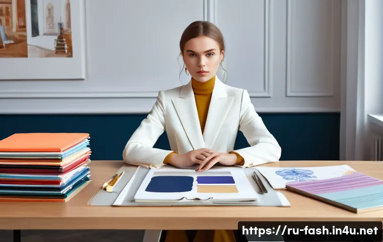 패션디자인 포트폴리오의 중요성 - A vibrant, high-resolution photo of a young, stylish female fashion designer with a contemporary Rus...