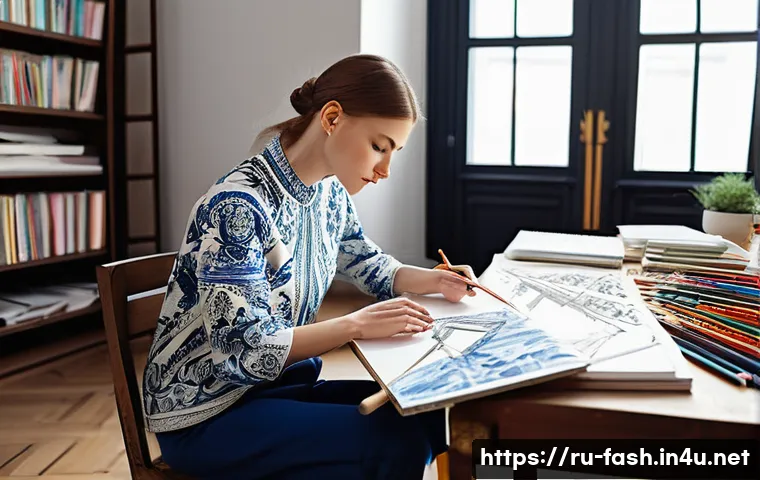 패션디자인 자격증 실기 준비 팁 - **Prompt: The Birth of a Modern Russian Collection**
A focused, creative young fashion designer,...