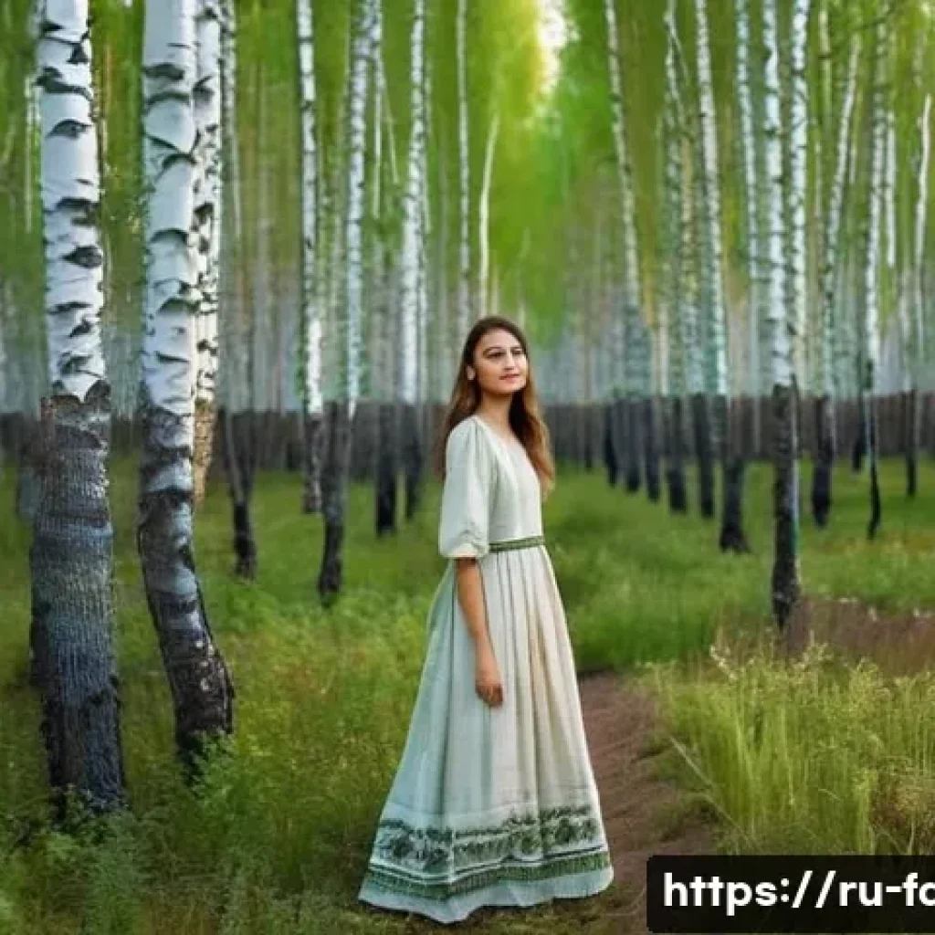 패션디자인 산업 동향 보고 - **Prompt:** A graceful young woman stands in a sun-dappled birch forest in Russia. She is wearing a ...