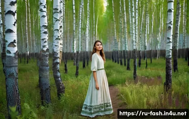 패션디자인 산업 동향 보고 - **Prompt:** A graceful young woman stands in a sun-dappled birch forest in Russia. She is wearing a ...
