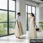 Home 22 패션디자인 2025년 전망 - A futuristic fashion studio showcasing eco-friendly biodegradable fabrics made from plant fibers, re...