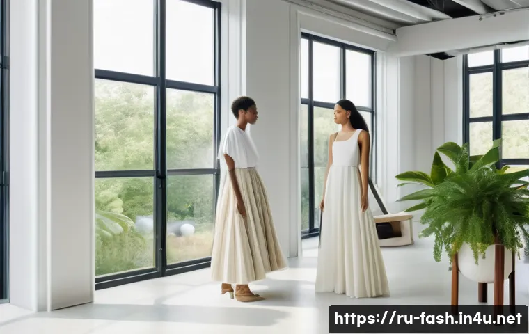 패션디자인 2025년 전망 - A futuristic fashion studio showcasing eco-friendly biodegradable fabrics made from plant fibers, re...