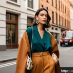 Home 19 패션디자인 최신 트렌드 분석 - A stylish young woman in a bold oversized jacket with exaggerated shoulder lines and wide sleeves, p...