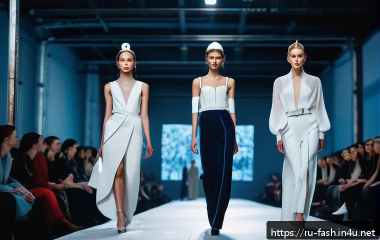 패션디자인 성공적인 발표 방법 - A modern fashion runway scene inside a sleek industrial venue in Moscow, featuring diverse models we...