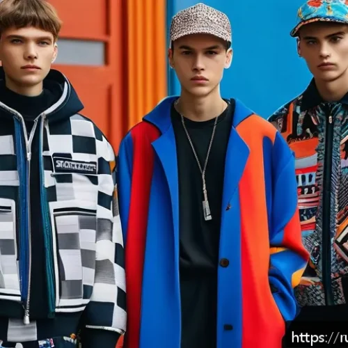 Home 17 패션디자인 분야 인기 기업 소개 - A modern Russian fashion runway scene showcasing avant-garde streetwear inspired by Gosha Rubchinski...