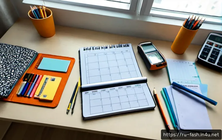 Home 30 패션디자인 자격증 시험 일정 - Photorealistic overhead view of a Russian fashion design student’s organized desk, open blank monthl...