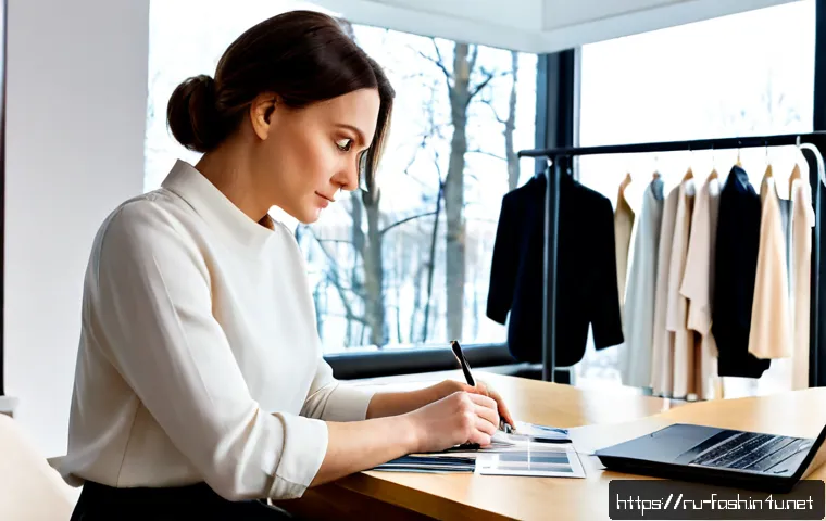 패션디자인 이직 시장 트렌드 - Photorealistic fashion designer career transition scene in a contemporary Moscow studio, confident R...