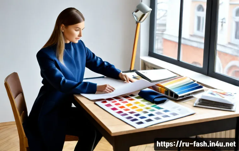 Home 17 패션디자인 업무 효율화 팁 - Photorealistic fashion designer in a bright Moscow studio, efficiently organizing fabric swatches, m...